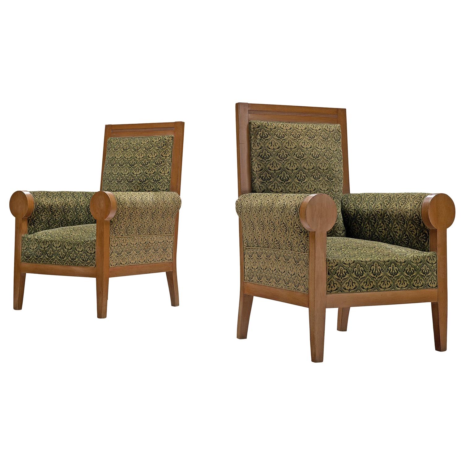 Pair of Italian High Back Armchairs in Green Fabric Upholstery