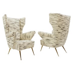 Pair of Italian Mid-Century Modern High Back Armchairs, Newly Upholstered