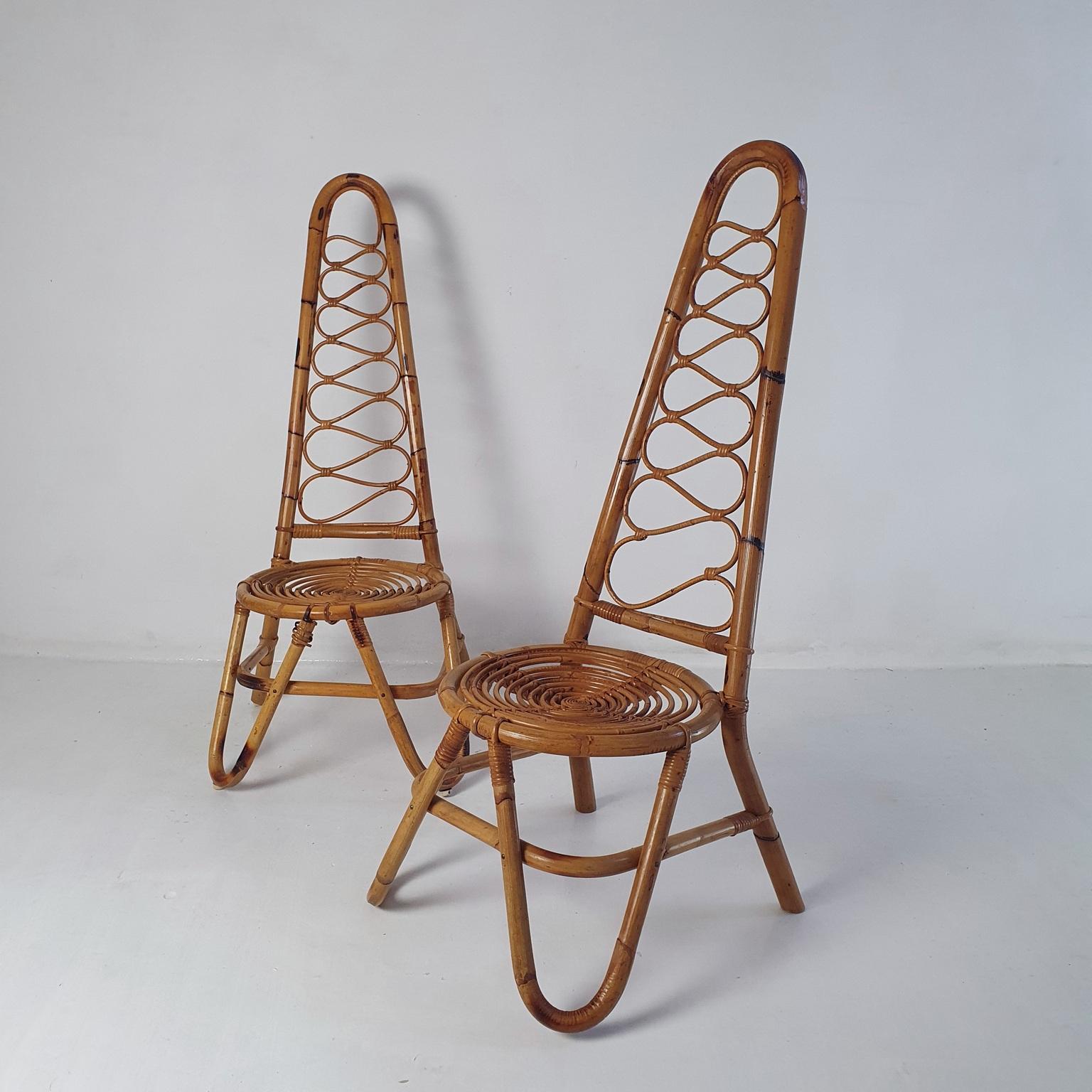 Mid-Century Modern Pair of Italian Highbacked Bamboo Easy Chairs, 1950's For Sale