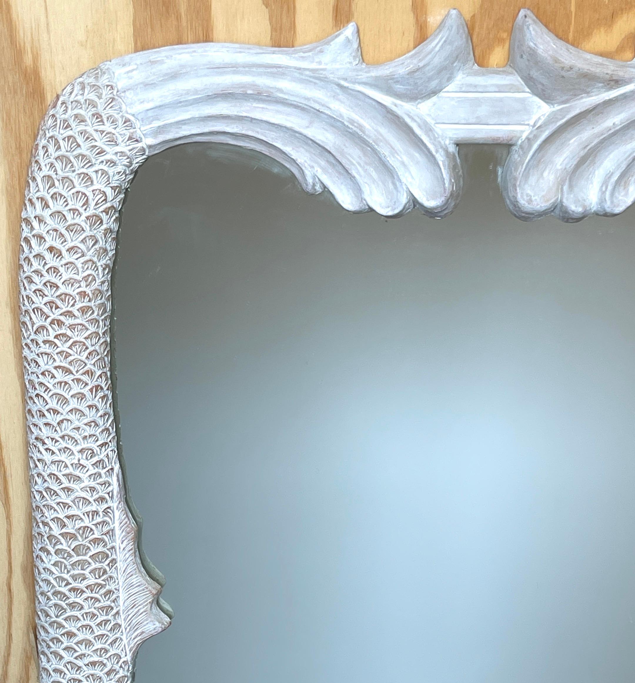 Pair of Italian Hollywood Regency Carved Whitewashed Dolphin Motif Mirrors In Good Condition In West Palm Beach, FL