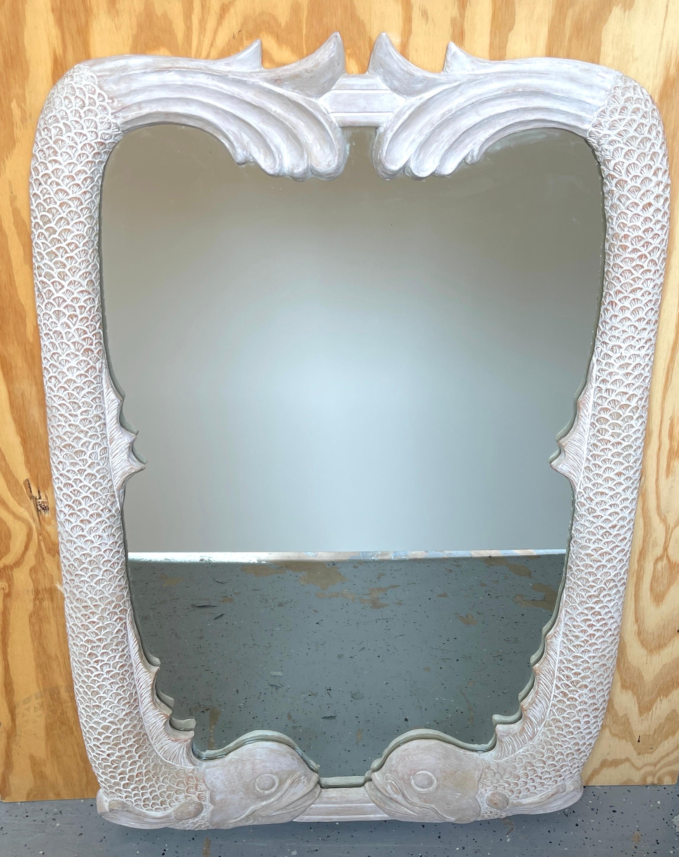 Pair of Italian Hollywood Regency Carved Whitewashed Dolphin Motif Mirrors 1
