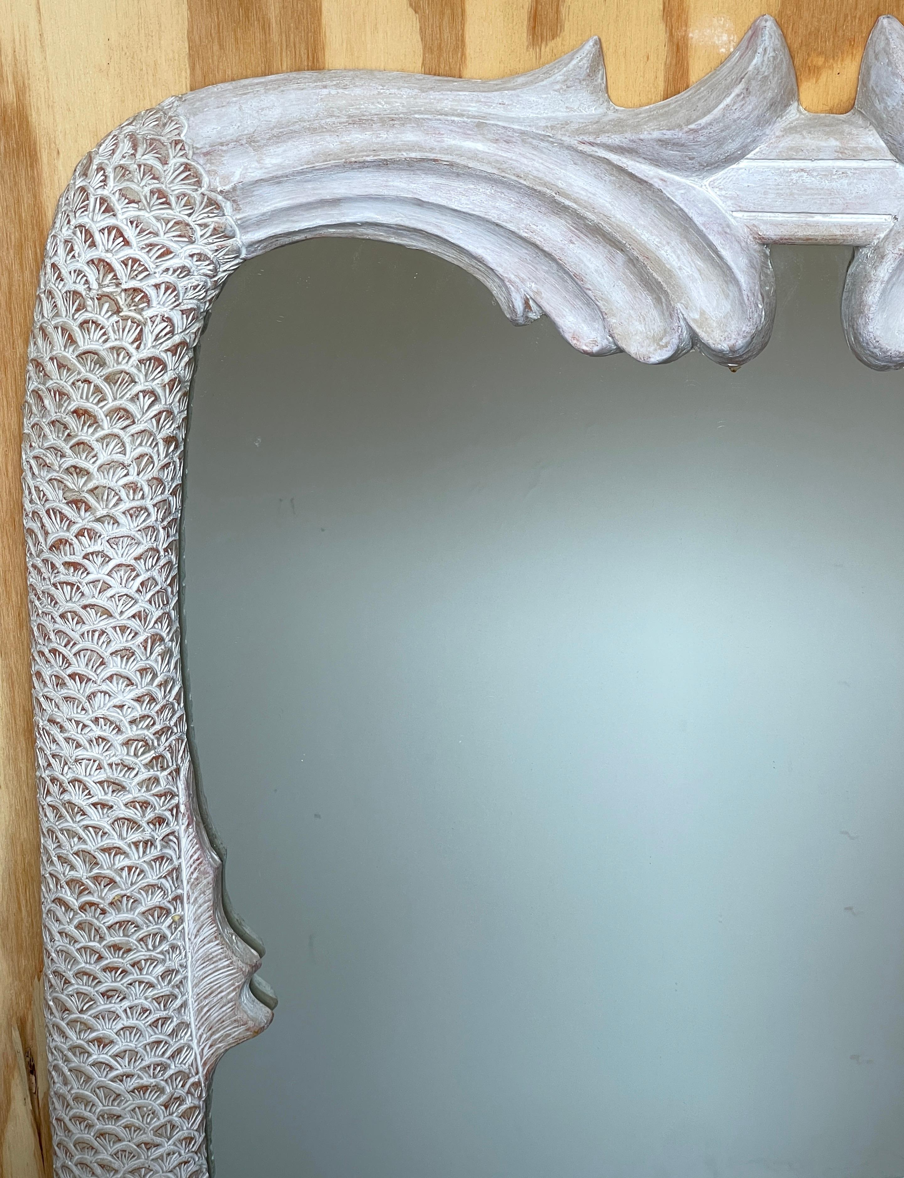 Pair of Italian Hollywood Regency Carved Whitewashed Dolphin Motif Mirrors 3