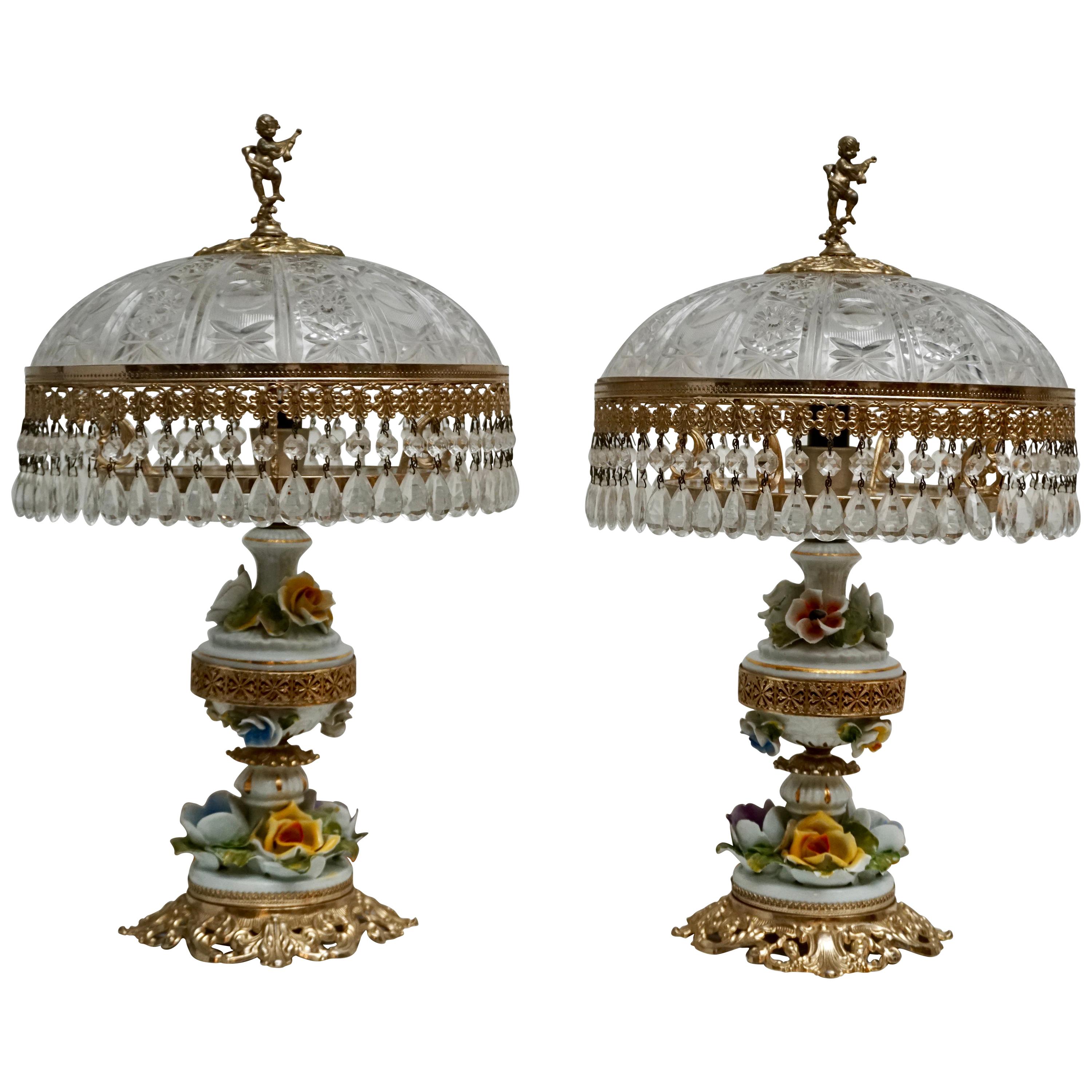 Pair of Italian Hollywood Regency Crystal Table Lamps
