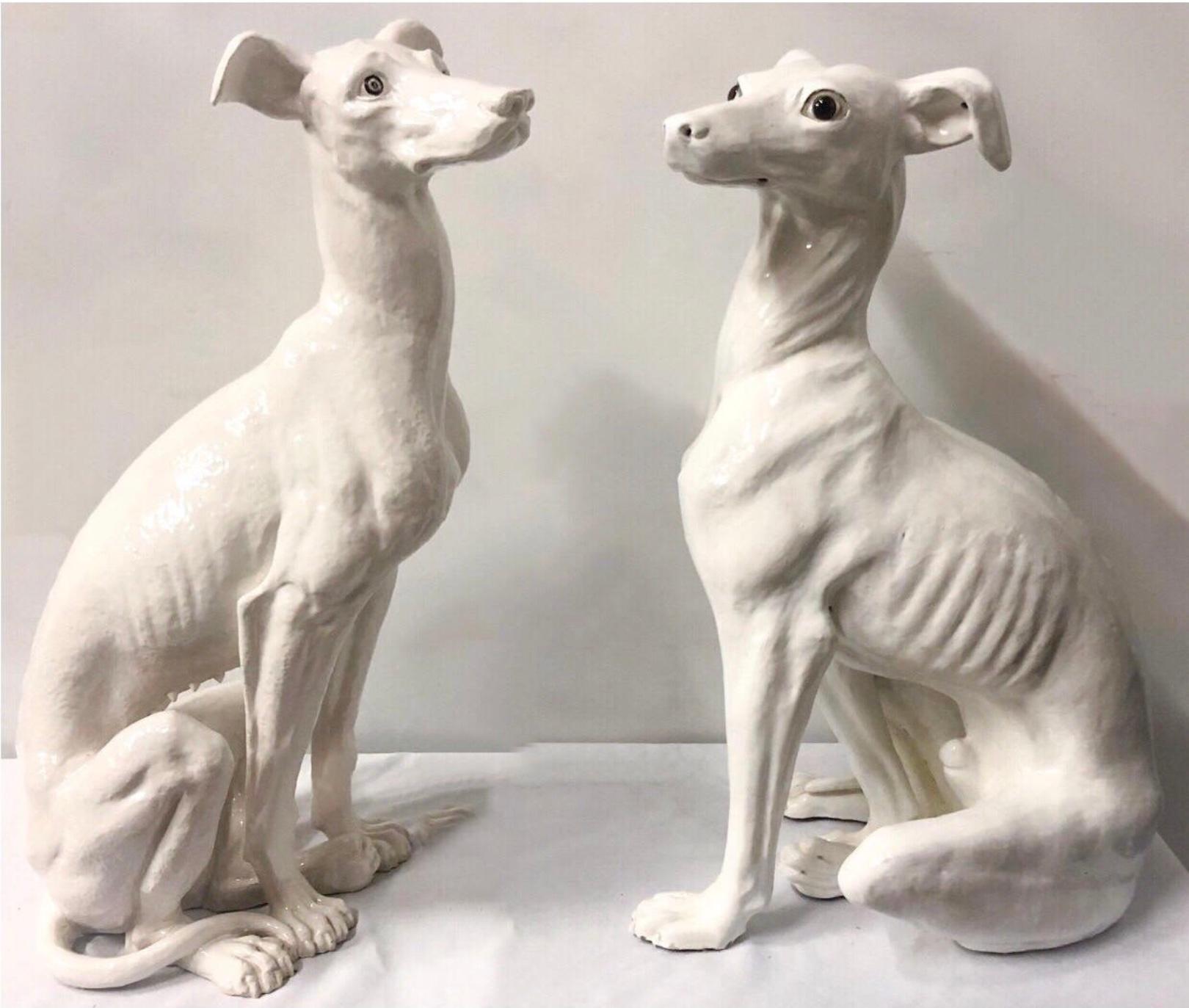 Pair of Italian Hollywood Regency Era Life-Size Italian Terracotta Whippets In Good Condition In Kennesaw, GA