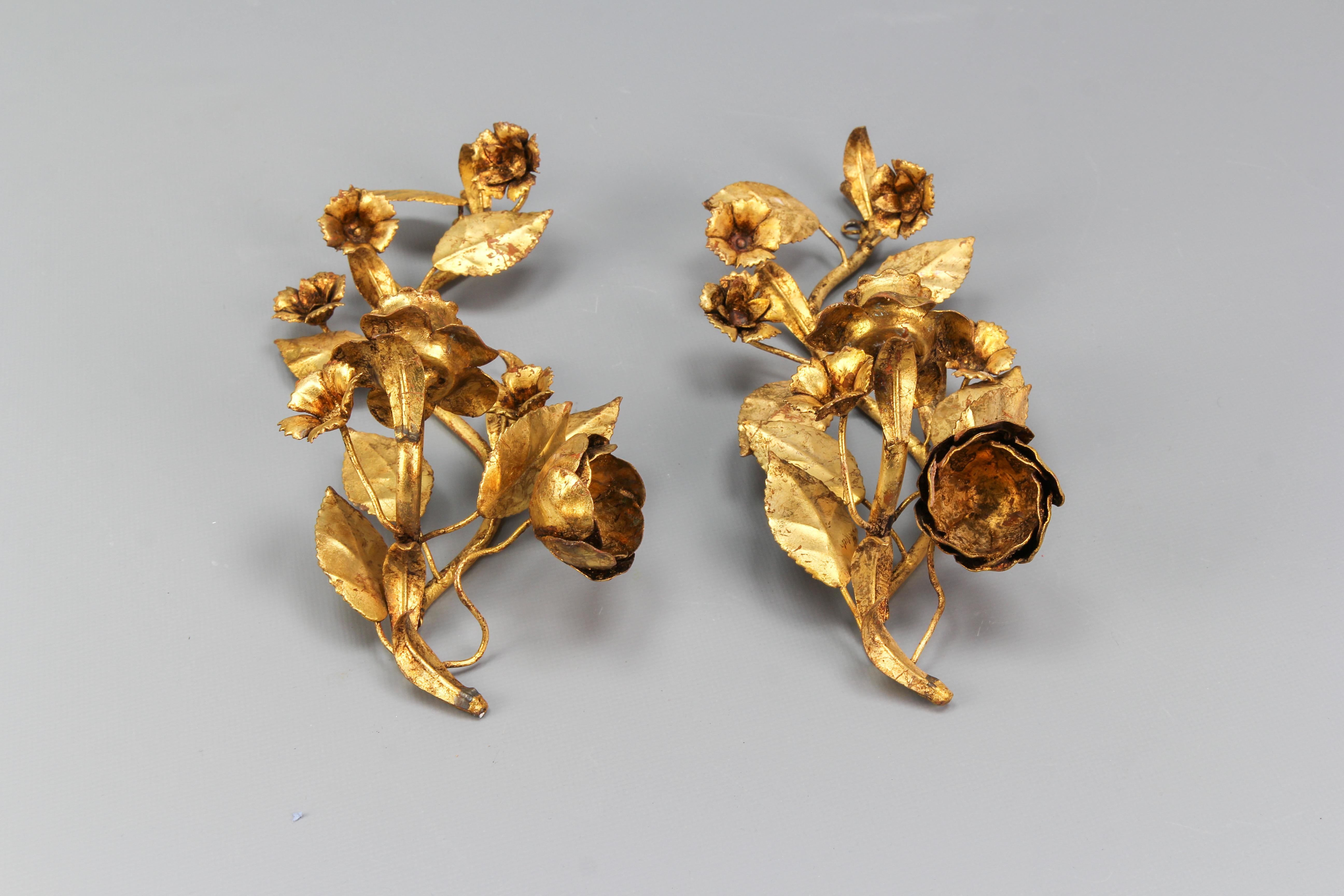 Pair of Italian Hollywood Regency Gilt Metal Floral Candle Wall Sconces 6