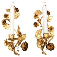 Pair of Italian Hollywood Regency Gilt Metal Floral Candle Wall Sconces