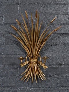 Pair of Italian Hollywood Regency Gilt Metal Wheat Sheaf Candle Wall Sconces