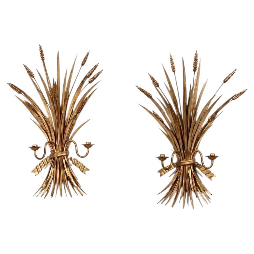 Pair of Italian Hollywood Regency Gilt Metal Wheat Sheaf Candle Wall Sconces