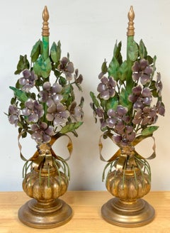 Pair of Italian Hollywood Regency Giltwood & Tole Violet Topiary Sculptures