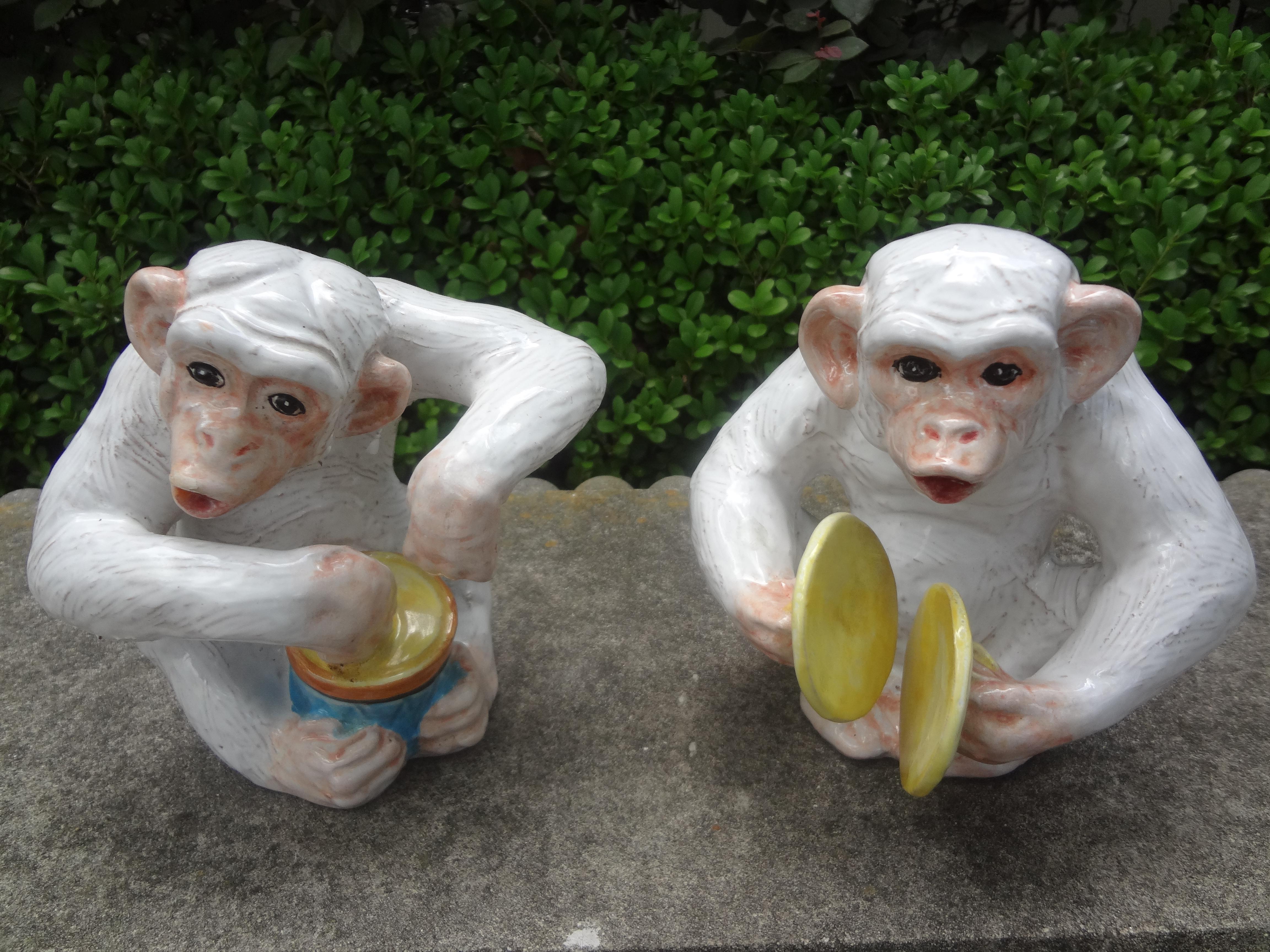 Pair of Italian Hollywood Regency Glazed Terra-Cotta Monkey Figures In Good Condition In Houston, TX