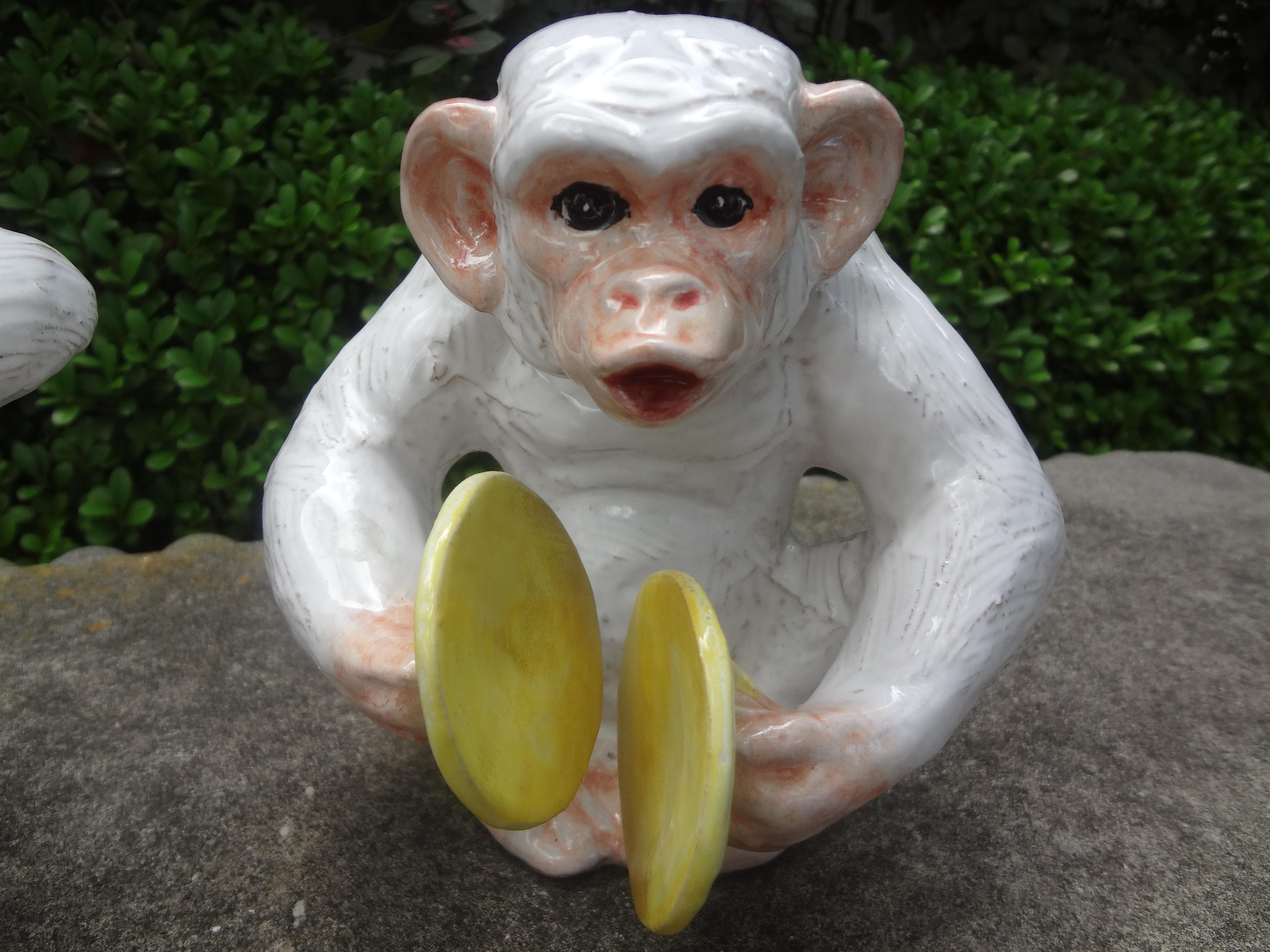 Terracotta Pair of Italian Hollywood Regency Glazed Terra-Cotta Monkey Figures