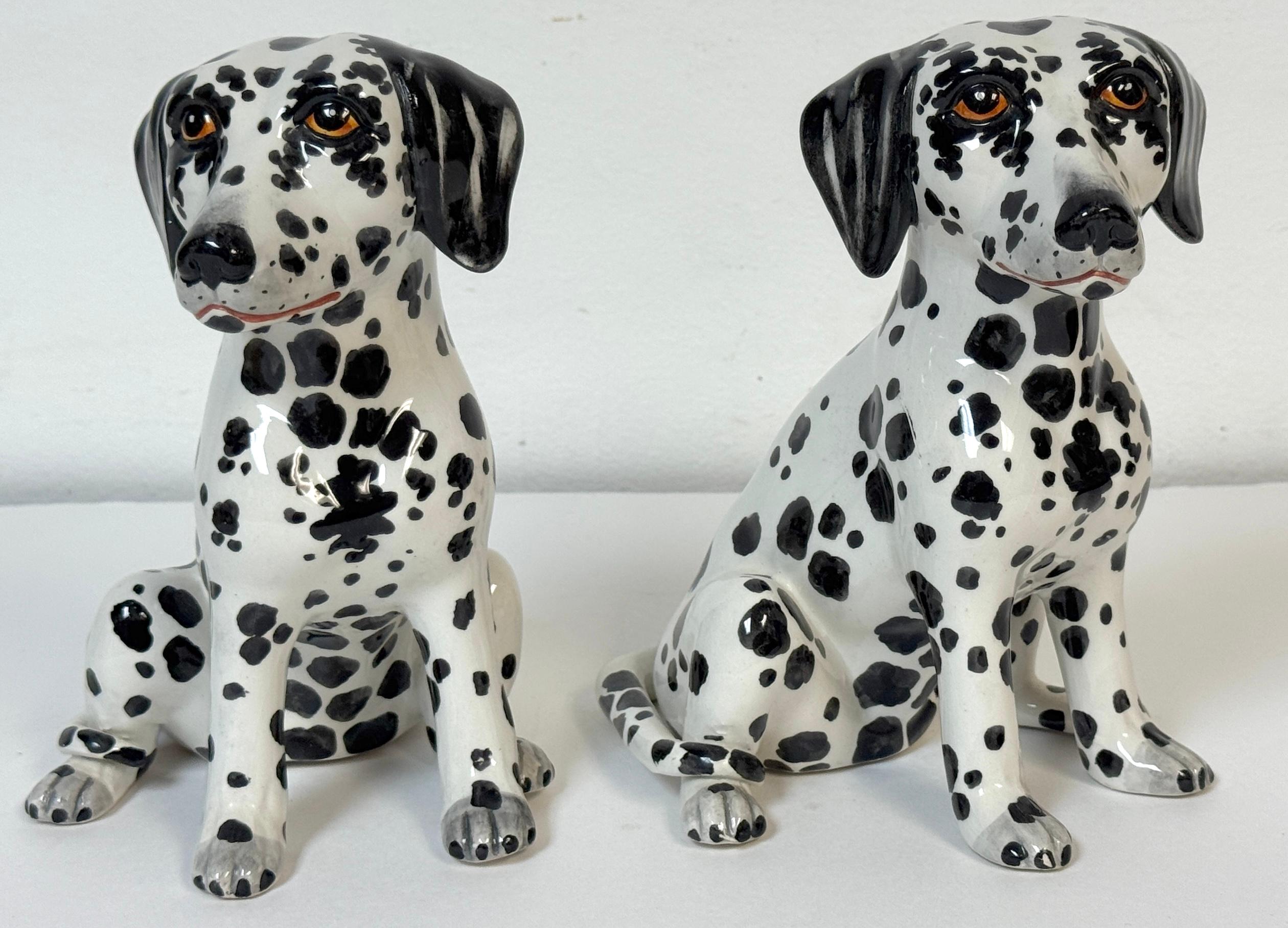 20th Century Pair of Italian Hollywood Regency Hand-Painted Pottery Dalmatian Puppies, 1970s For Sale
