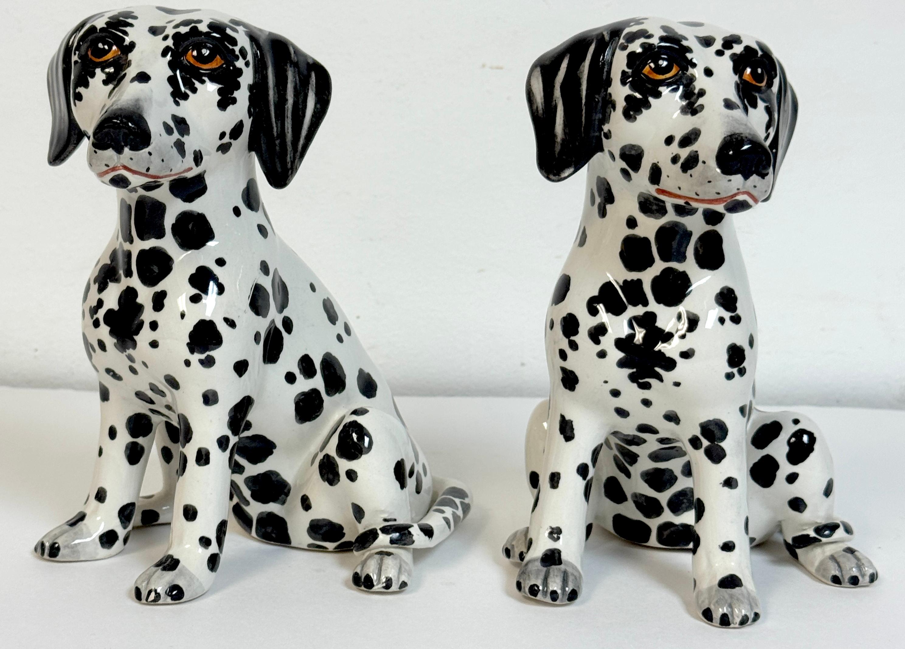 Pair of Italian Hollywood Regency Hand-Painted Pottery Dalmatian Puppies, 1970s For Sale 1