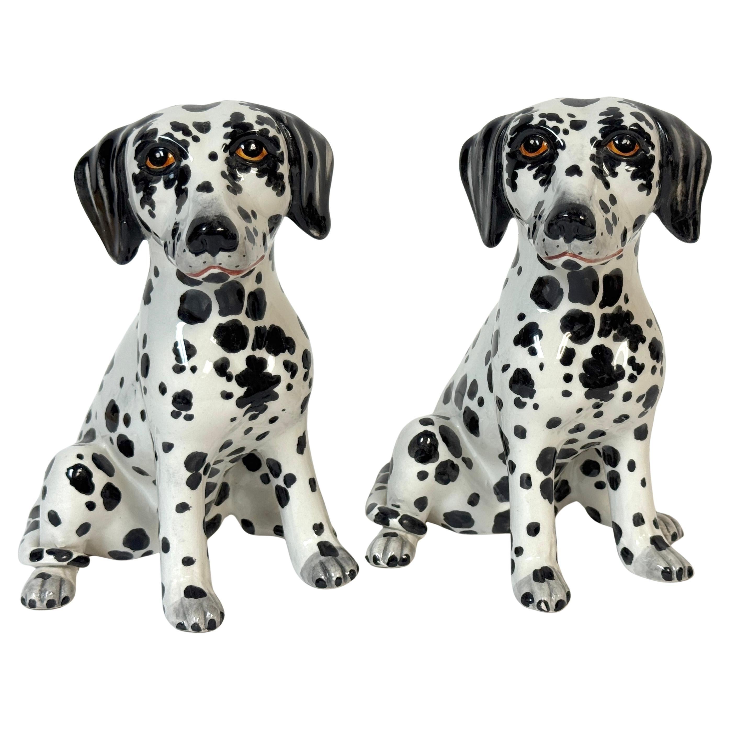 Pair of Italian Hollywood Regency Hand-Painted Pottery Dalmatian Puppies, 1970s For Sale