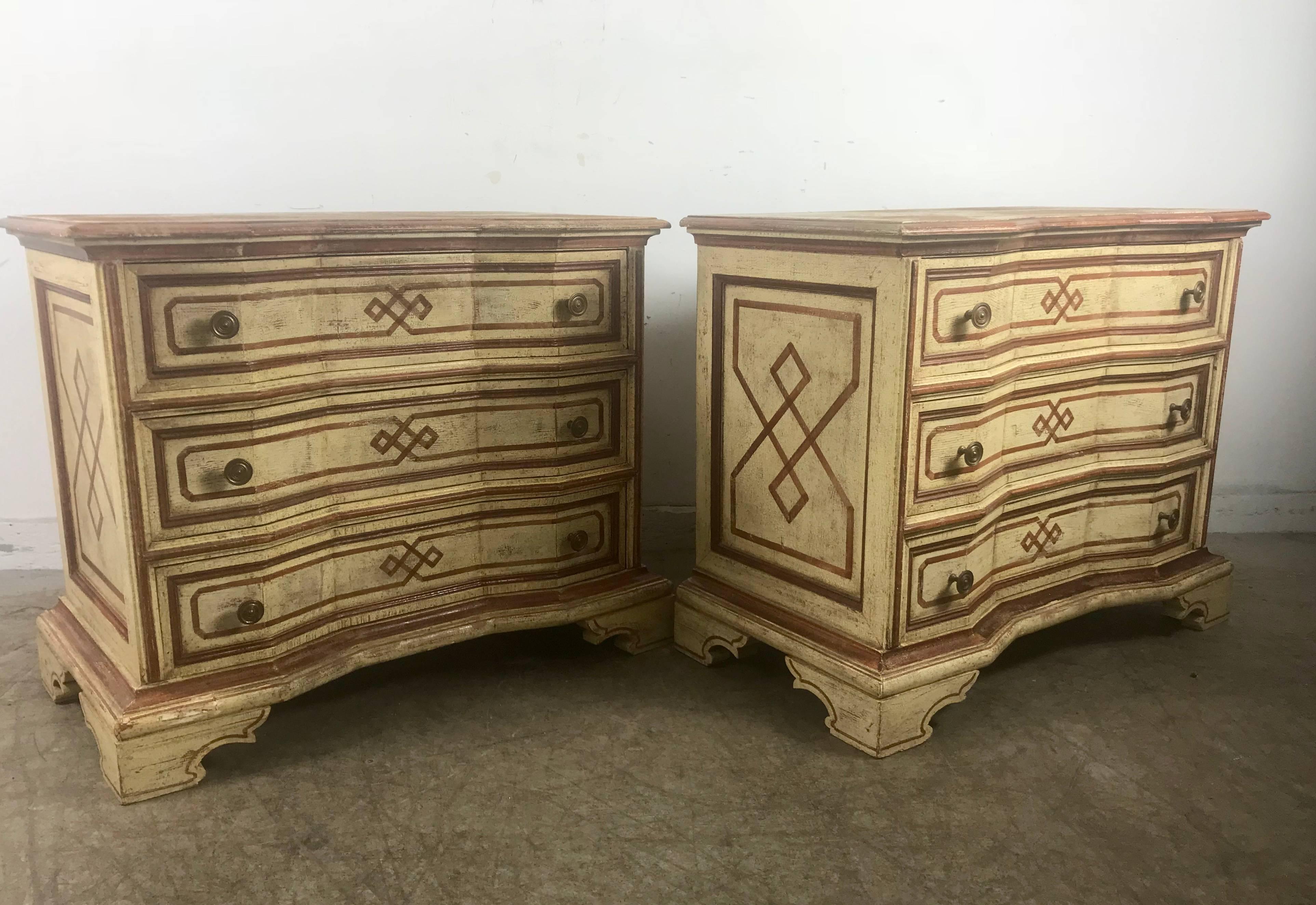 Wood Pair of Italian Hollywood Regency Painted Three-Drawer Stands, Commodes