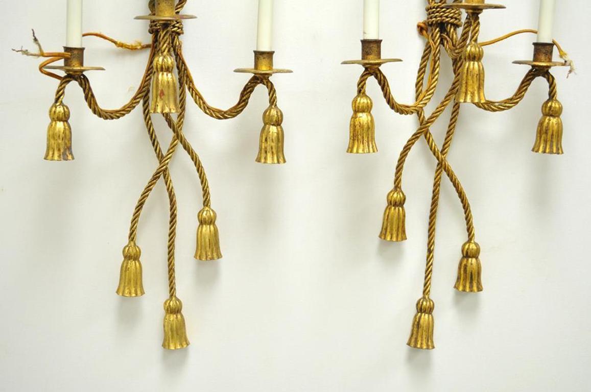 Pair of Italian Hollywood Regency Tole Metal Gold Gilt Rope Tassel Wall Sconces 5