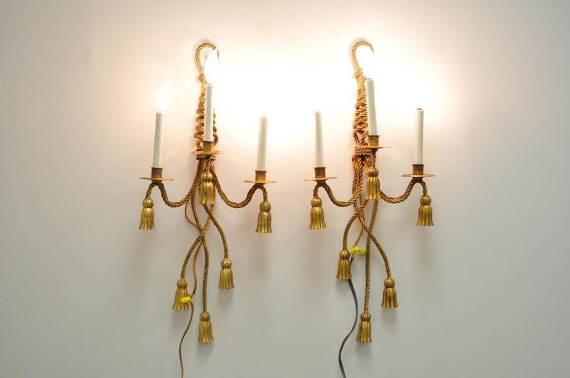 Pair of Italian Hollywood Regency Tole Metal Gold Gilt Rope Tassel Wall Sconces 6