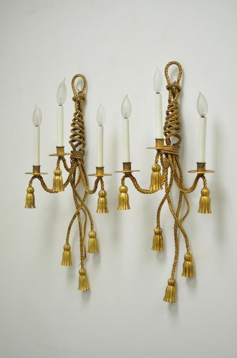 Pair of Italian Hollywood Regency Tole Metal Gold Gilt Rope Tassel Wall Sconces 7