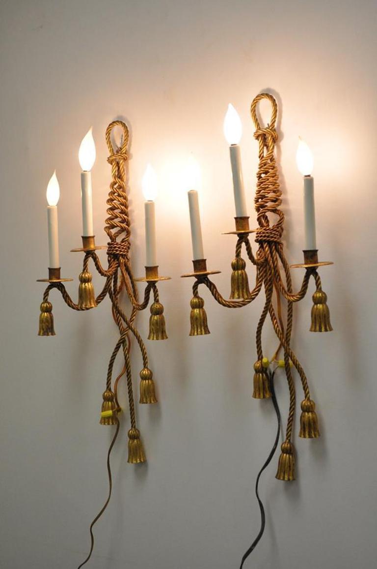 Pair of Italian Hollywood Regency Tole Metal Gold Gilt Rope Tassel Wall Sconces In Good Condition In Philadelphia, PA