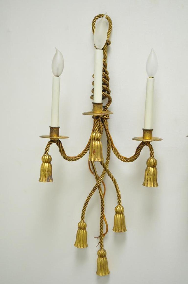 Iron Pair of Italian Hollywood Regency Tole Metal Gold Gilt Rope Tassel Wall Sconces