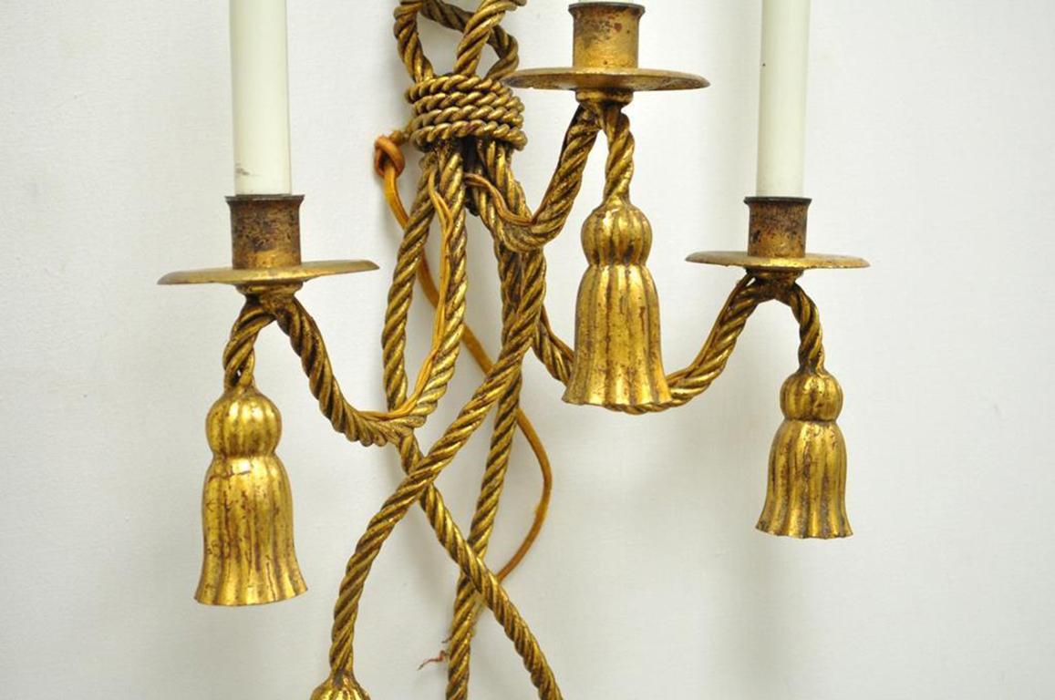 Pair of Italian Hollywood Regency Tole Metal Gold Gilt Rope Tassel Wall Sconces 2