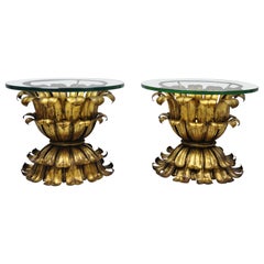 Pair of Italian Hollywood Regency Tole Metal Plume Leaf Glass Top Table