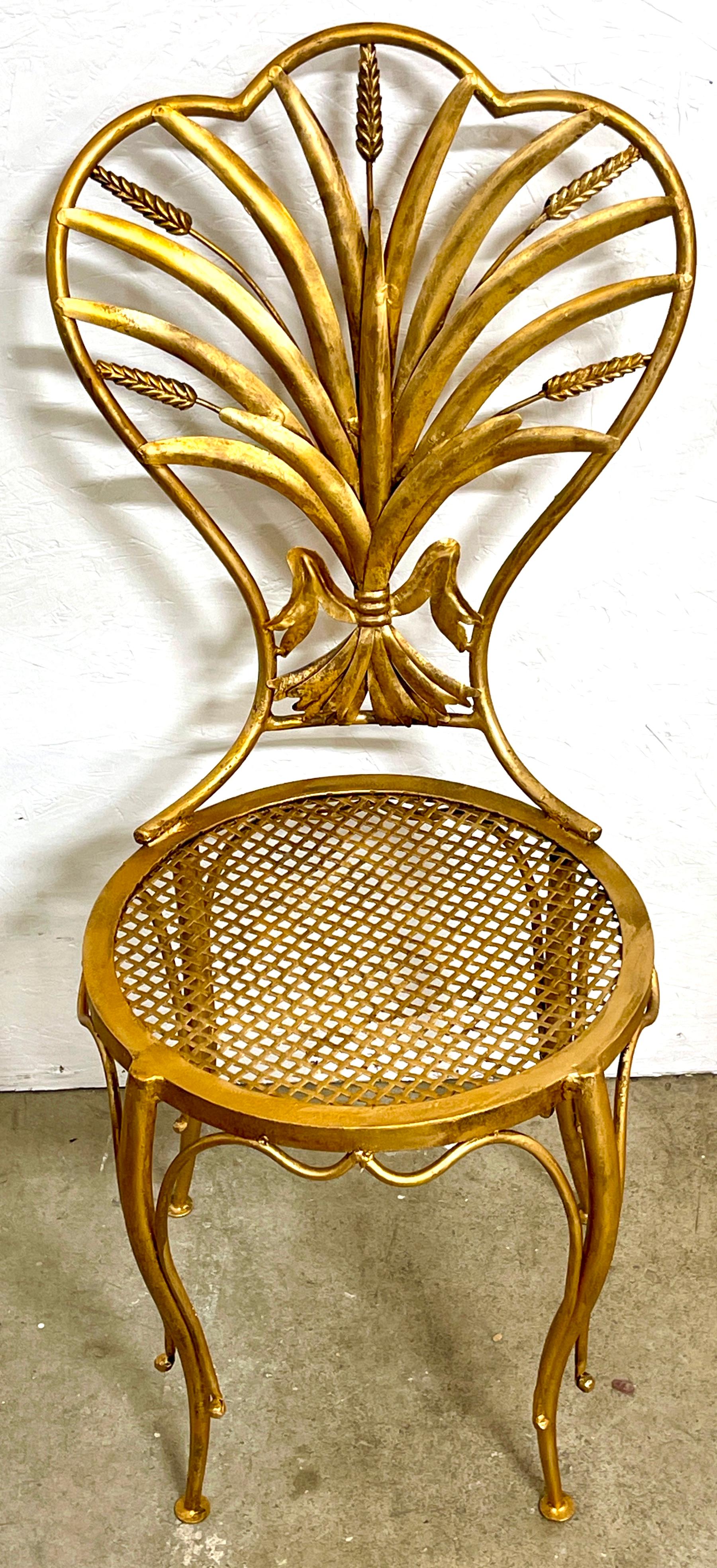 Gilt Pair of Italian Hollywood Regency Wheat Sheaf Chairs, by S. Salvadori  For Sale