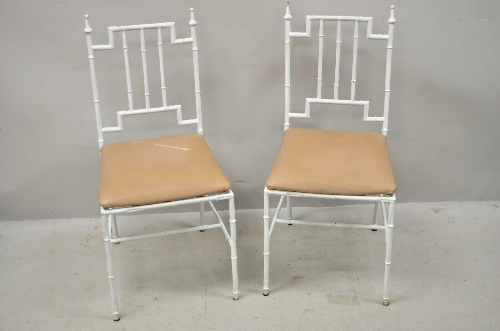 Pair of Italian Hollywood Regency White Faux Bamboo Metal Accent Side Chairs For Sale 5