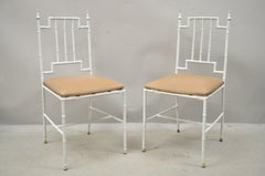 Pair of Italian Hollywood Regency White Faux Bamboo Metal Accent Side Chairs