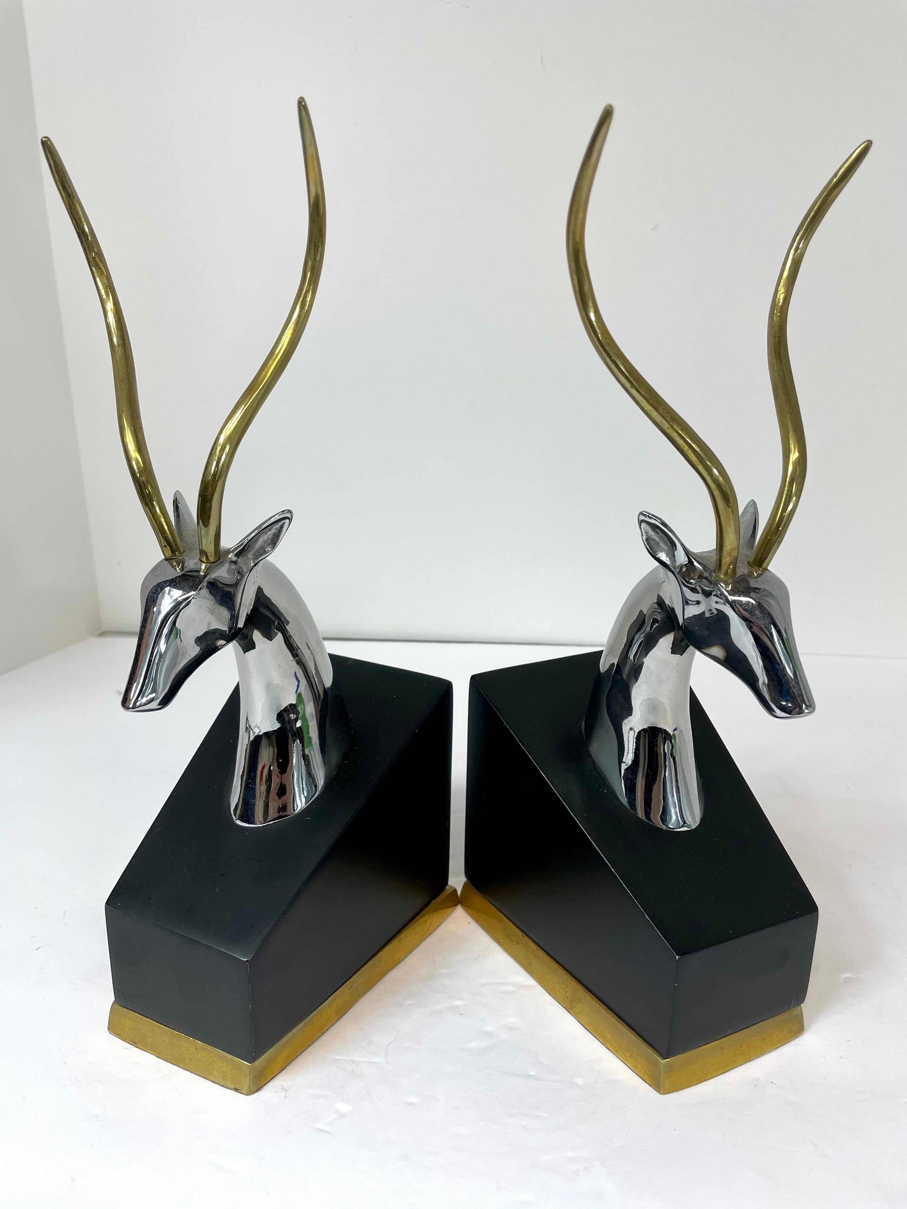 Art Deco Pair of Italian Impala Bookends in Brass and Chrome