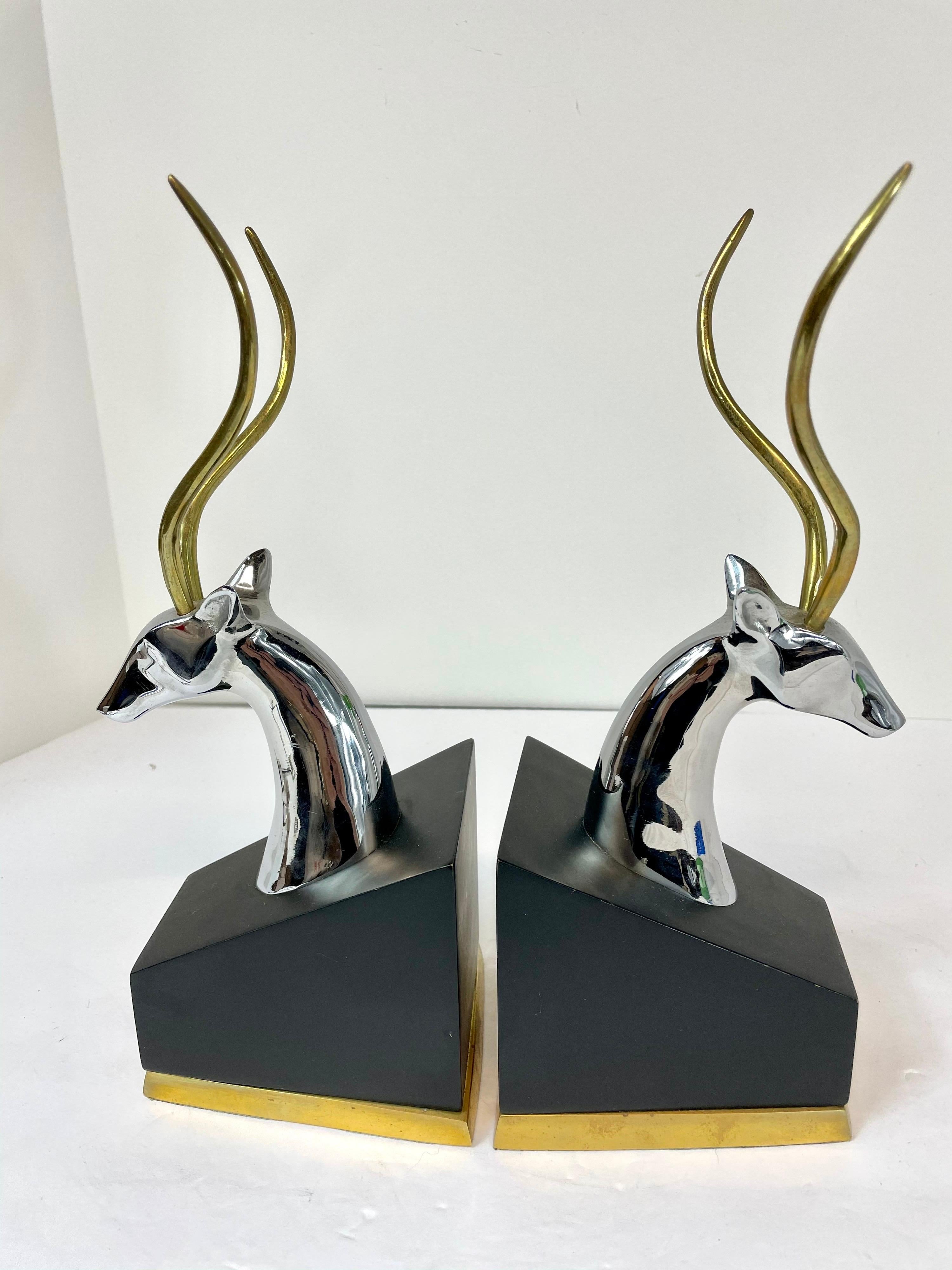 20th Century Pair of Italian Impala Bookends in Brass and Chrome