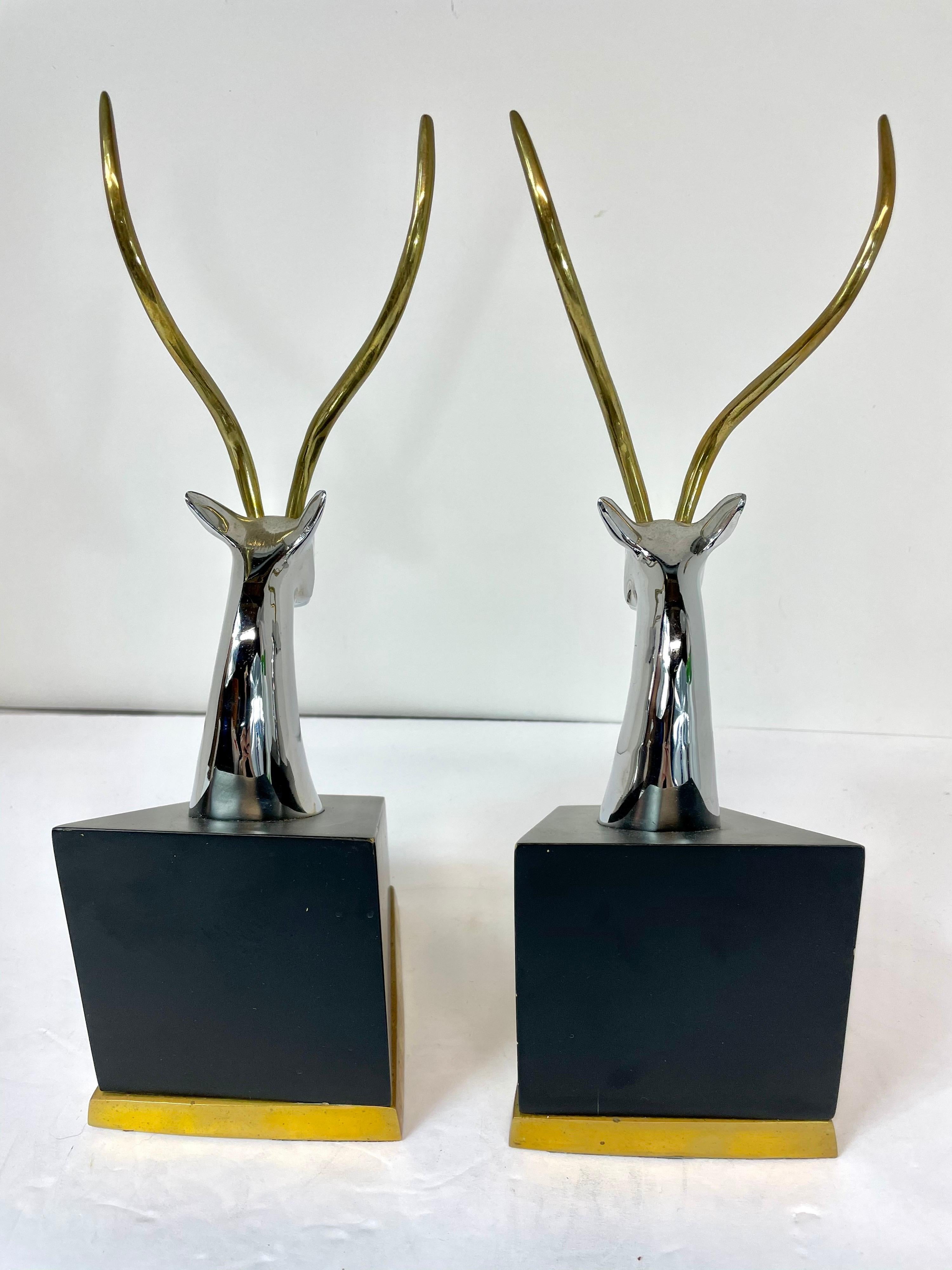 Pair of Italian Impala Bookends in Brass and Chrome 2
