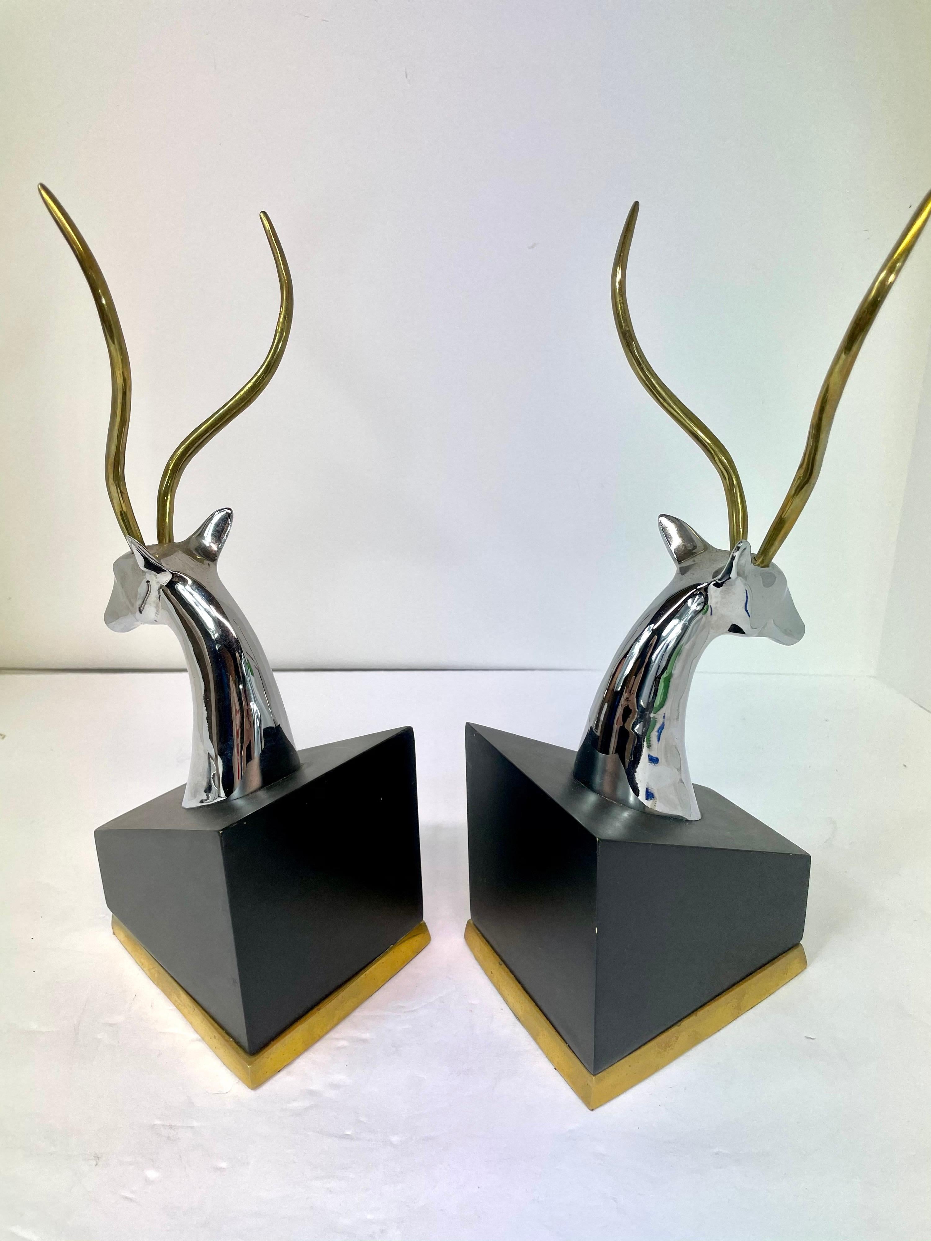 Pair of Italian Impala Bookends in Brass and Chrome 3