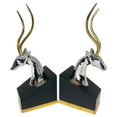 Vintage Pair of Italian Impala Bookends in Brass and Chrome