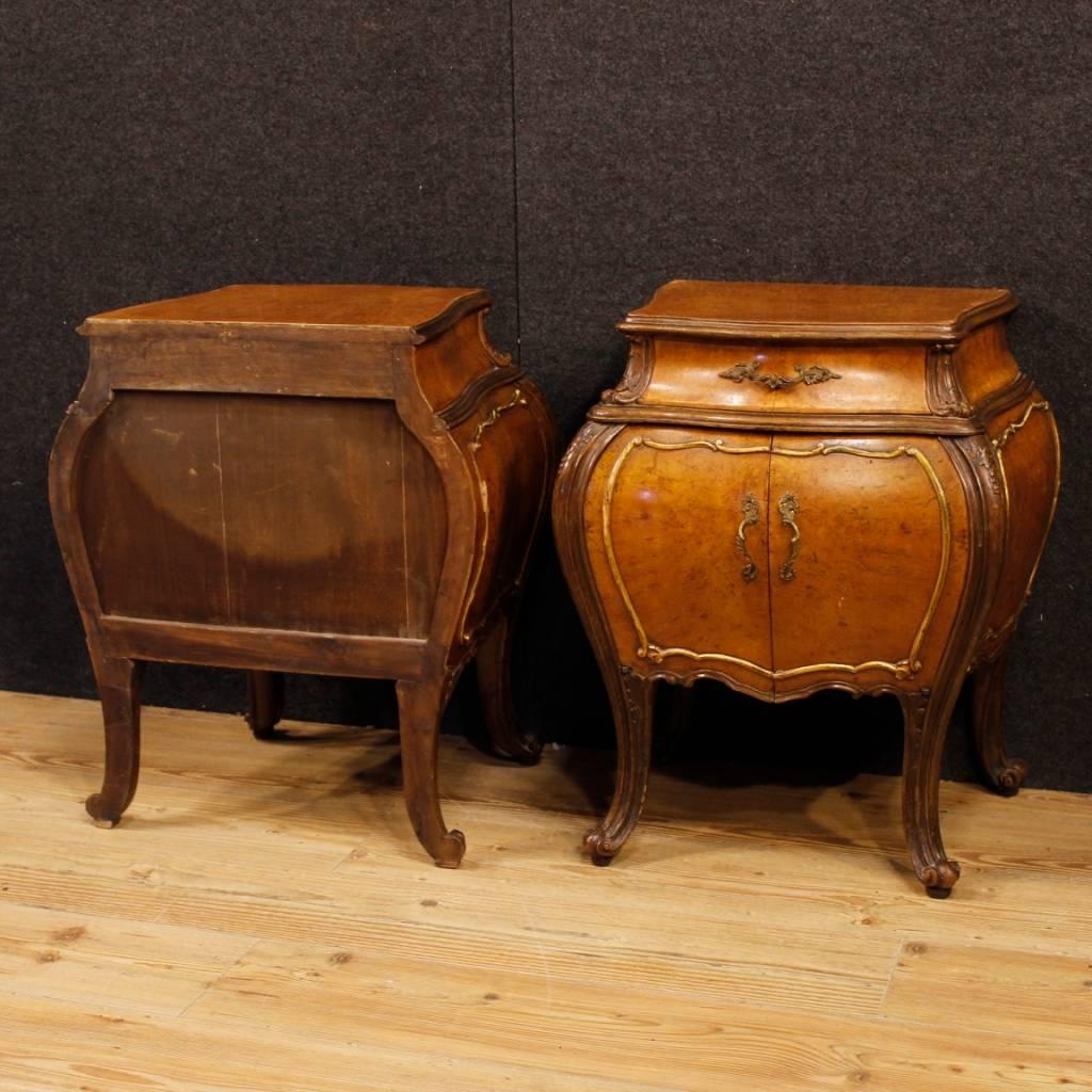 Carved Pair of Italian in Elm Burl and Oak Wooden Bedside Tables from 20th Century