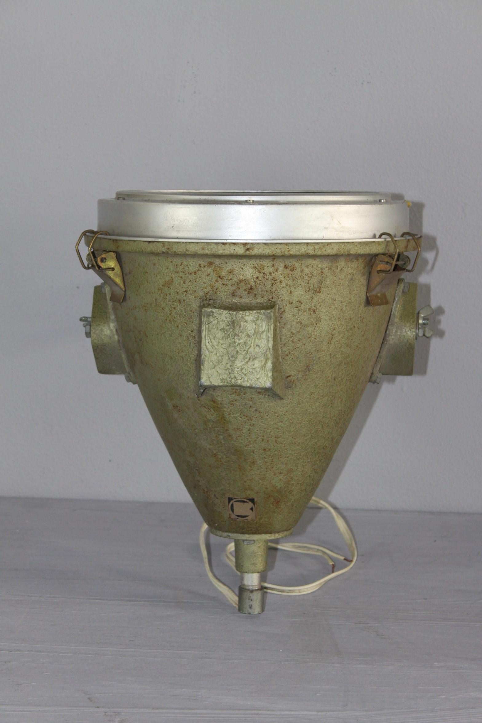 Italian BIG pair of italian industrial high quality lamp green patina 1950 For Sale