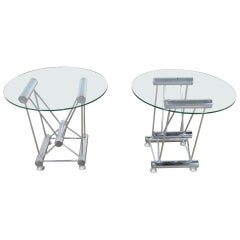 Pair of Italian Industrial Style Glass Top Side Tables