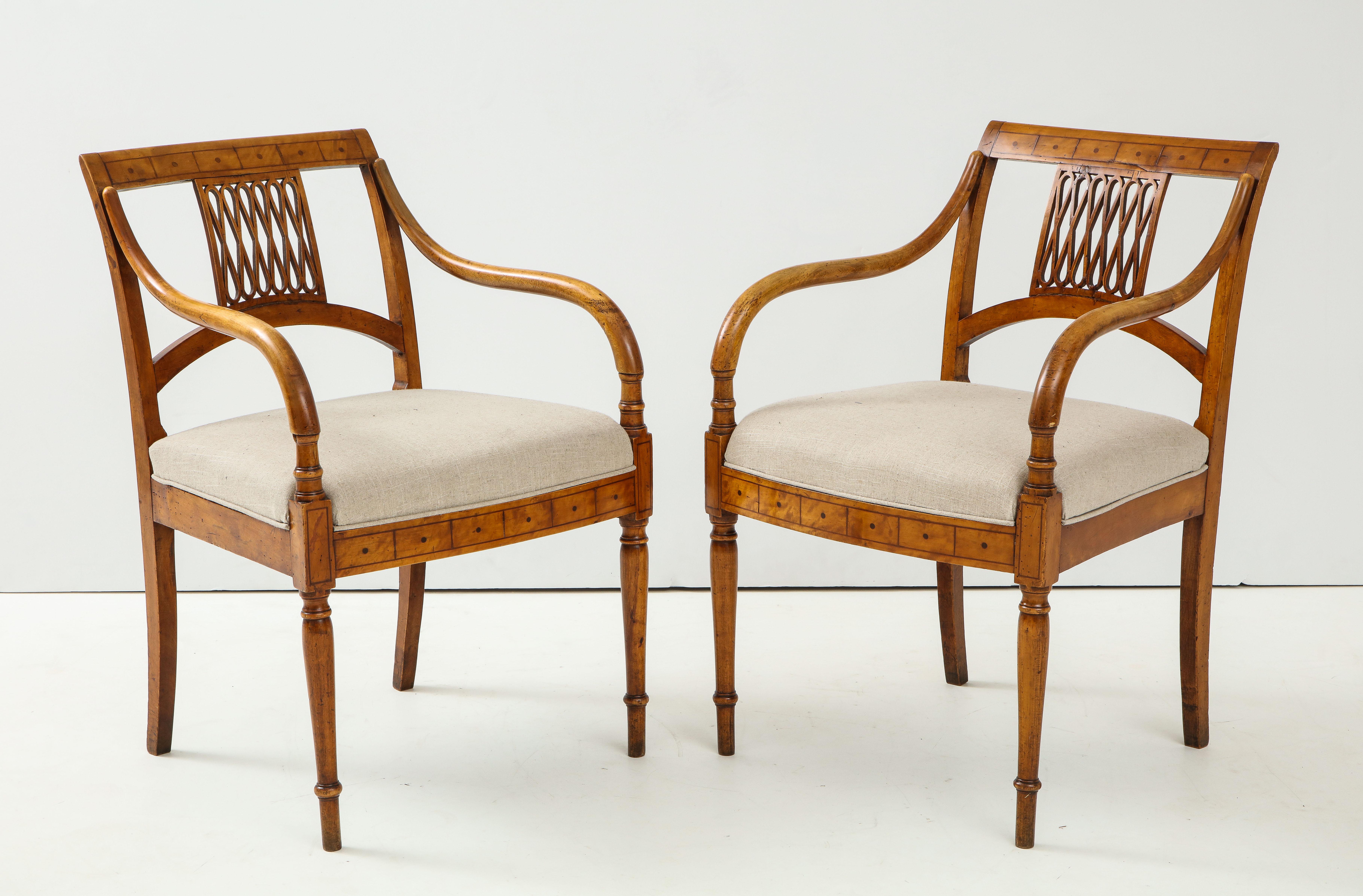 Fruitwood Pair of Italian Inlaid Armchairs