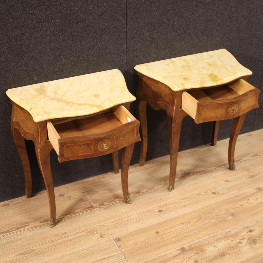 Pair of Italian Inlaid Bedside Tables With Marble Top, 20th Century For Sale 2