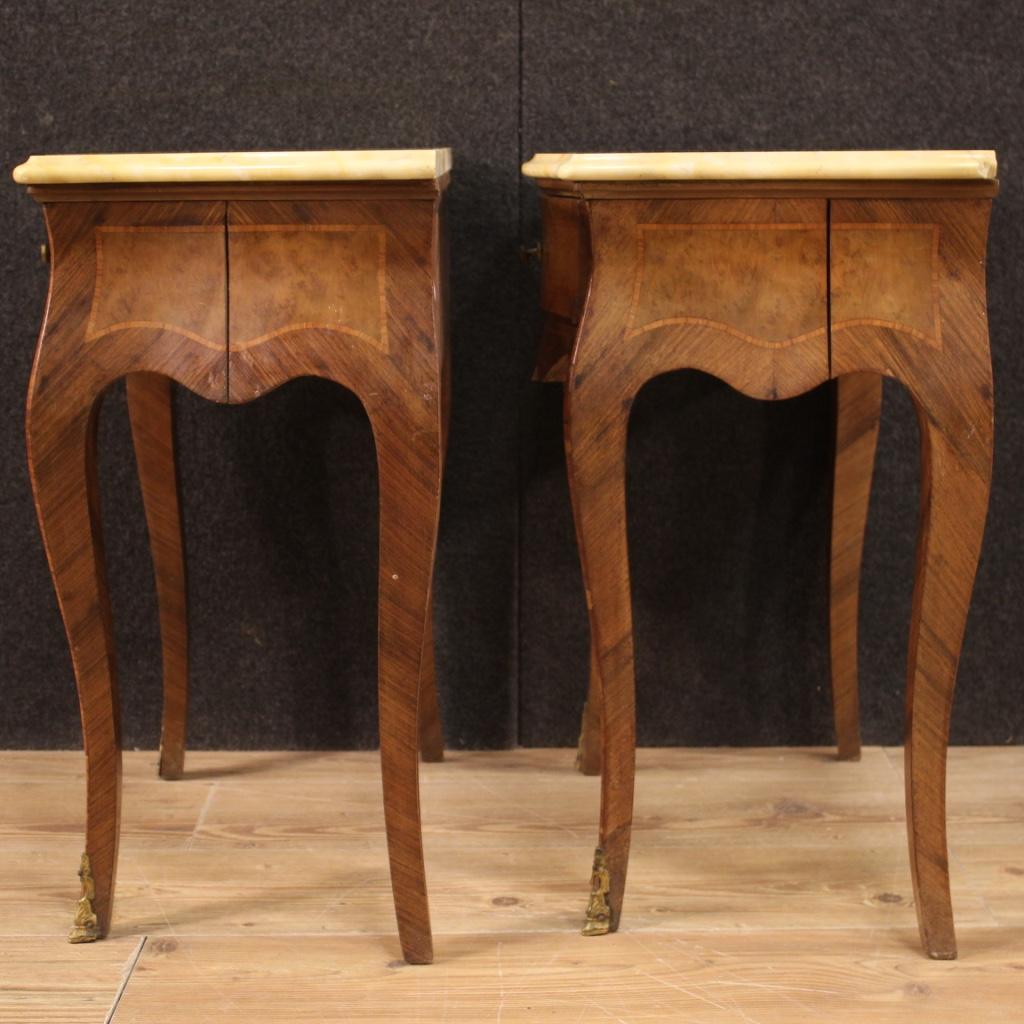Pair of Italian Inlaid Bedside Tables With Marble Top, 20th Century For Sale 4