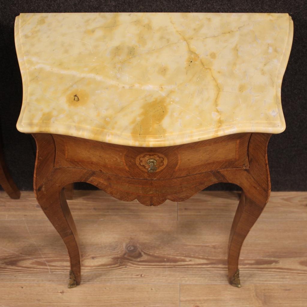 Pair of Italian Inlaid Bedside Tables With Marble Top, 20th Century For Sale 6
