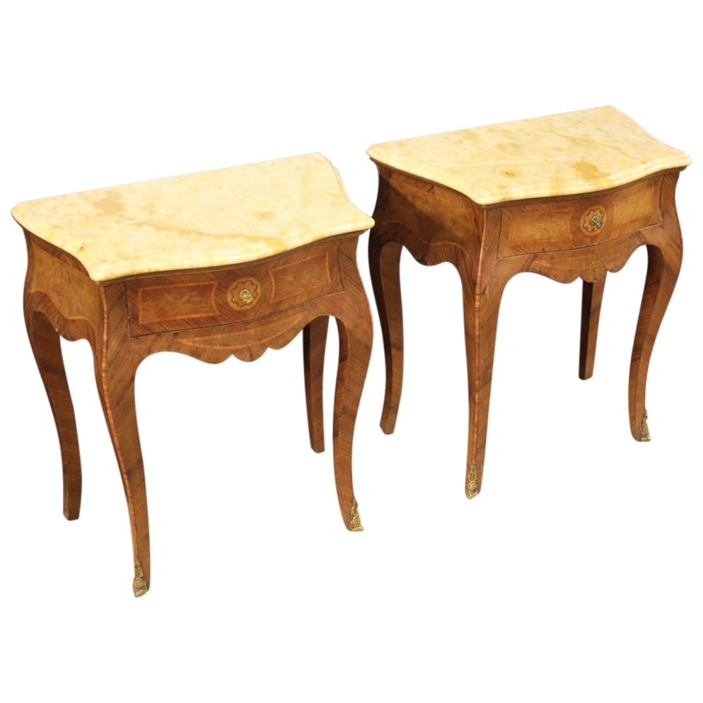Pair of Italian Inlaid Bedside Tables With Marble Top, 20th Century For Sale