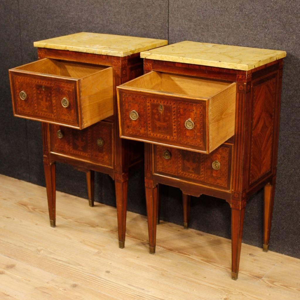 Pair of Italian Inlaid Bedside Tables with Marble Top in Louis XVI Style 5