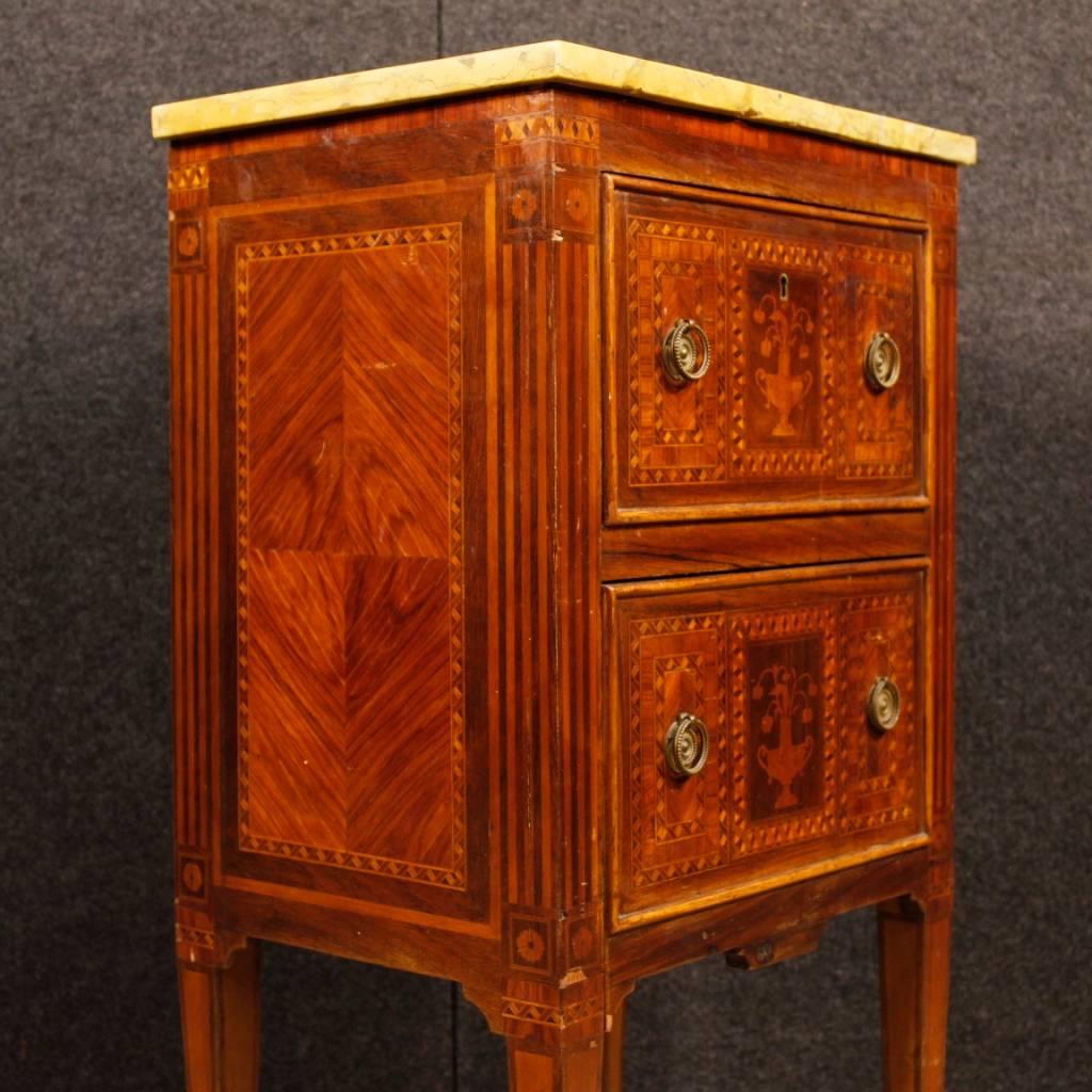 Pair of Italian Inlaid Bedside Tables with Marble Top in Louis XVI Style In Fair Condition In Vicoforte, Piedmont