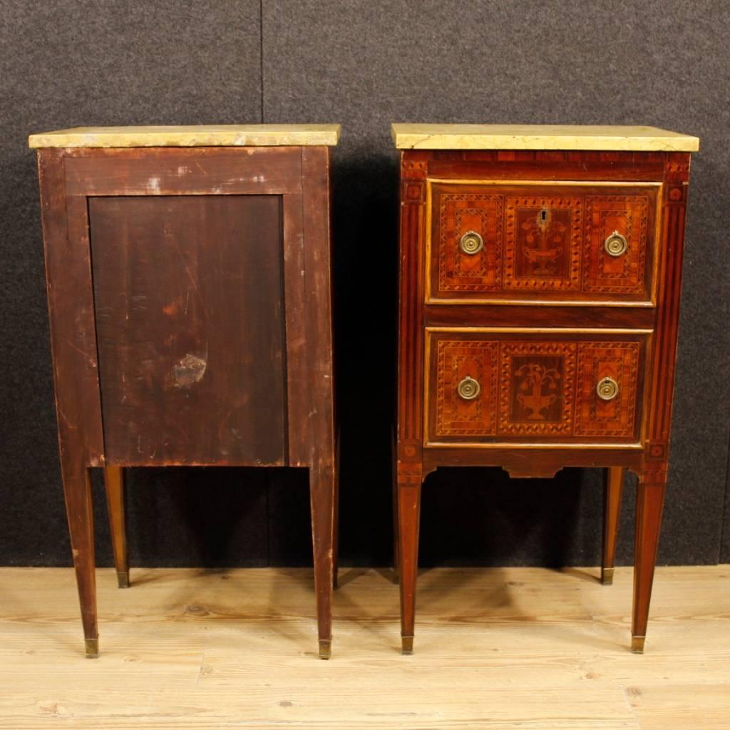 Pair of Italian Inlaid Bedside Tables with Marble Top in Louis XVI Style 1