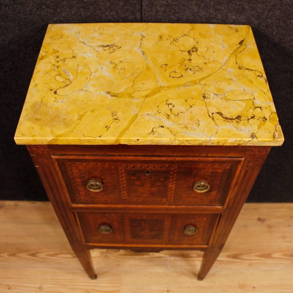 Pair of Italian Inlaid Bedside Tables with Marble Top in Louis XVI Style 2