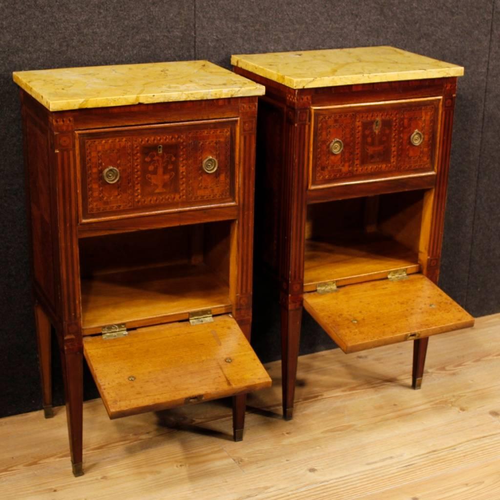Pair of Italian Inlaid Bedside Tables with Marble Top in Louis XVI Style 4