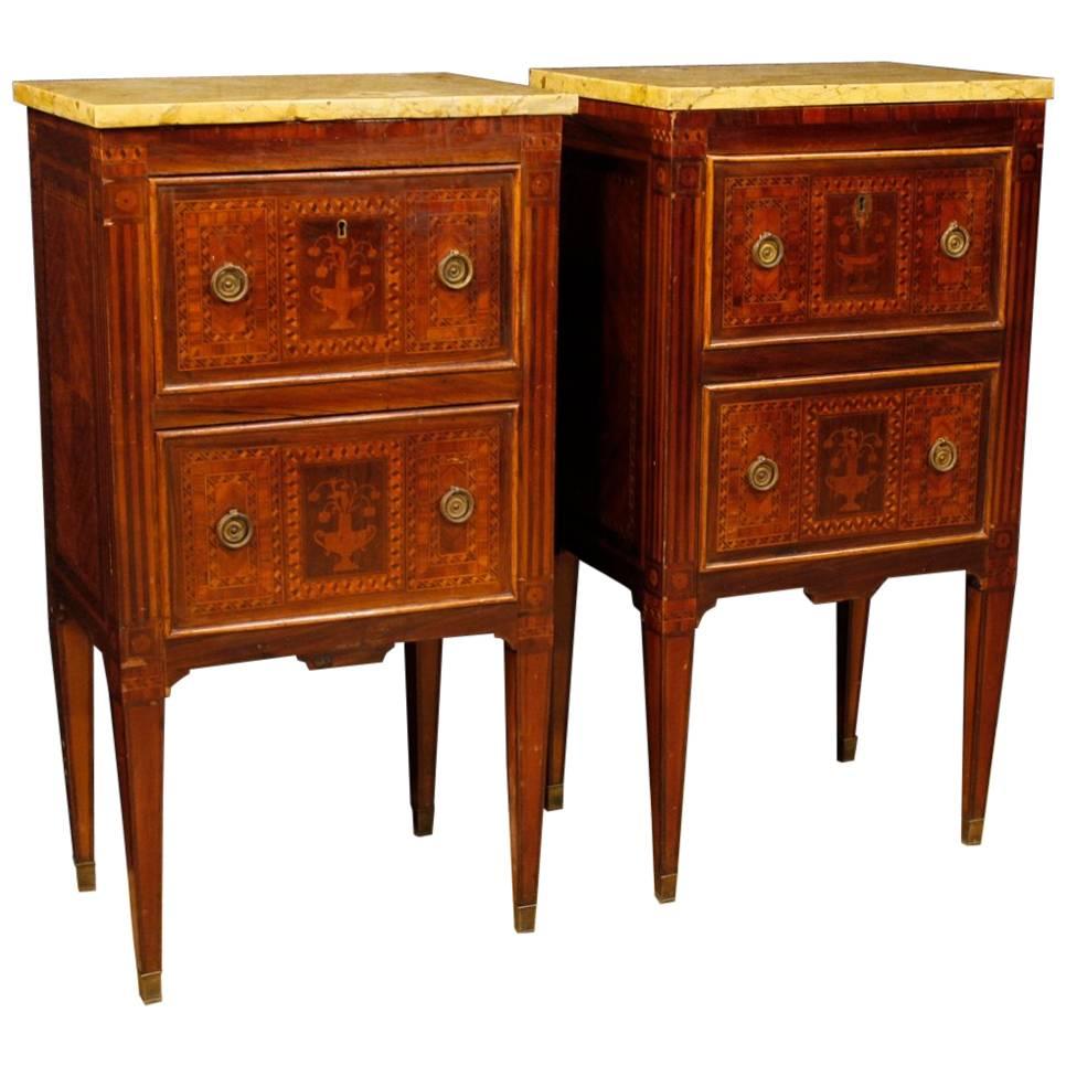 Pair of Italian Inlaid Bedside Tables with Marble Top in Louis XVI Style