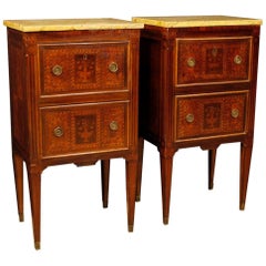 Pair of Italian Inlaid Bedside Tables with Marble Top in Louis XVI Style