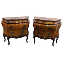 Vintage Pair of Italian Inlaid Bombe Commodes